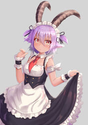  :&lt; alternate_costume animal_ears black_dress black_ribbon blush breasts clothes_lift cocoasabure commentary_request dress dress_lift enmaided et_luba female hair_between_eyes hair_ribbon hand_up highres horns looking_at_viewer maid maid_headdress necktie pixiv_fantasia pixiv_fantasia_last_saga purple_hair red_necktie ribbon short_sleeves short_twintails simple_background small_breasts solo standing tan twintails wrist_cuffs 