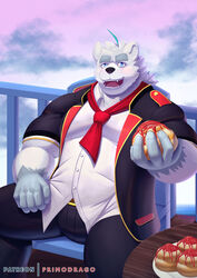  2021 anthro bear blush bottomwear clothing detailed_background food fur hi_res humanoid_hands knights_college male mammal musclegut muscular outside overweight overweight_anthro overweight_male pants paul_pfitzner polar_bear primodrago shirt sitting solo topwear ursine white_body white_fur 