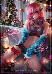  animal_ears antlers axsen bangs banned_artist bike_shorts black_bra black_shorts blue_eyes blue_nails blue_panties blush bra christmas_tree closed_mouth deer_ears female framed go-toubun_no_hanayome hair_between_eyes headphones headphones_around_neck highres leg_ribbon long_hair long_sleeves looking_at_viewer merry_christmas midriff nail_polish nakano_miku navel panties pink_hair red_ribbon reindeer_antlers reindeer_girl ribbon short_shorts shorts smile solo sports_bra stomach thigh_ribbon underwear very_long_hair 