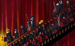  6+boys absurdres akatsuki_uniform black_hair blonde_hair closed_eyes curtains deidara_(naruto) earrings female forehead_protector grin hidan_(naruto) highres holding_lamp hoshigaki_kisame hug index_finger_raised jewelry kakuzu_(naruto) konan_(naruto) long_sleeves mask mouth_mask multiple_boys naruto_(series) naruto_shippuuden ninja ninja_mask open_clothes orange_hair pain_(naruto) purple_eyes purple_hair ring rinnegan sasori_(naruto) scythe smile stairs sword sword_behind_back teeth uchiha_itachi uchiha_obito walking weapon weapon_on_back white_hair yi_(199702090505) 