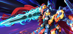  absurdres assault_visor cape exbein_ashe gio_tengco glowing glowing_sword glowing_weapon highres holding holding_sword holding_weapon mecha no_humans red_cape robot science_fiction solo super_robot_wars super_robot_wars_original_generation sword weapon 