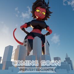  1:1 3d_(artwork) blender_(artwork) building city demon digital_media_(artwork) english_text female giga helluva_boss hi_res humanoid imp landscape_dwarfing macro millie_(helluva_boss) not_furry pervertedgiants revamped_anthros solo tail text 