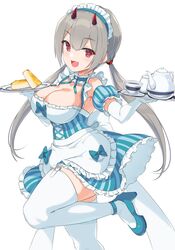  :d adapted_costume ankle_strap apron aqua_bow aqua_dress aqua_footwear aqua_ribbon assault_lily back_bow bow breasts cake cake_slice cleavage clothes_lift collar collarbone cross-laced_clothes cross-laced_dress cup curvy detached_sleeves dress dress_bow dress_lift elbow_gloves fangs female food foot_out_of_frame frilled_apron frilled_collar frilled_sleeves frills from_side fujita_asagao garter_straps gloves grey_hair hair_between_eyes hands_up high_heels highres holding holding_tray horns large_breasts light_blush long_hair looking_at_viewer looking_to_the_side low_twintails maid_headdress mechanical_horns neck_ribbon open_mouth pera plate puffy_detached_sleeves puffy_short_sleeves puffy_sleeves red_eyes red_horns ribbon saucer short_dress short_sleeves simple_background skin_fangs sleeveless sleeveless_dress smile solo standing standing_on_one_leg strappy_heels striped_clothes striped_dress tea_set teacup teapot thighhighs tray twintails vertical-striped_clothes vertical-striped_dress very_long_hair w_arms waist_apron waitress white_background white_bow white_collar white_thighhighs zettai_ryouiki 