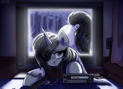  black_hair blue_eyes electronics equid equine fan_character female hair hair_over_eye hasbro hi_res horn mammal my_little_pony mythological_creature mythological_equine mythology one_eye_obstructed shadowreindeer television the_ring unicorn vhs video_cassette 