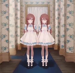  2girls apron bad_id bad_twitter_id black_footwear blue_dress brown_eyes brown_hair dress expressionless floral_print grady_sisters_(the_shining) hallway holding_hands idolmaster idolmaster_shiny_colors kisumipri lolicon long_hair mary_janes multiple_girls osaki_amana osaki_tenka parody shoes short_dress siblings sisters socks the_shining twins white_apron white_footwear 