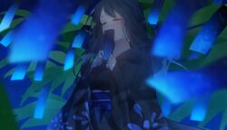  black_hair black_kimono blush closed_eyes female highres holding_tanzaku japanese_clothes kimono long_hair night night_sky original outdoors sky tanabata tanzaku tsuki_mitsu upper_body wide_sleeves 