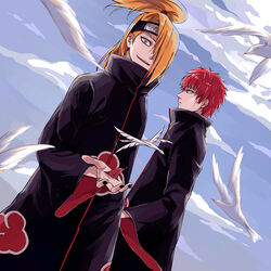  2boys :d akatsuki_uniform black_nails blue_sky closed_mouth cloud cloudy_sky deidara_(naruto) extra_mouth forehead_protector hair_over_one_eye hand_mouth highres jewelry long_hair long_sleeves male_focus multiple_boys nail_polish naruto_(series) naruto_shippuuden ninja open_mouth outdoors red_hair ring sasori_(naruto) sky smile tongue tongue_out yi_(199702090505) 