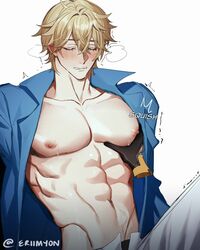  1boy abs bare_pectorals blonde_hair blue_coat blush closed_eyes coat collarbone english_commentary eriimyon furrowed_brow gepard_landau grabbing highres honkai:_star_rail honkai_(series) male_focus nipples pectoral_grab pectorals short_hair simple_background solo squishing trembling twitter_username white_background 