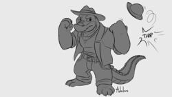  16:9 2019 adalore alligator alligatorid anthro biped bottomwear brok_(brok_the_investigator) brok_the_investigator clothing cowcat_games crocodilian hat headgear headwear hi_res humanoid_hands monochrome pants reptile scalie shirt simple_background solo topwear widescreen 