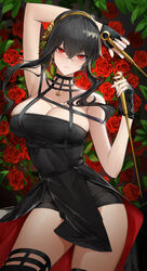  absurdres arm_behind_back arm_up armpits artificial_flower black_dress black_gloves black_hair black_thighhighs breasts cleavage closed_mouth contrapposto dagger dress dual_wielding earrings female fingerless_gloves flower genera-x gloves hair_between_eyes hair_flower hair_ornament highres holding holding_weapon jewelry knife large_breasts lipstick looking_at_viewer makeup red_eyes short_hair_with_long_locks sidelocks sleeveless sleeveless_dress smile solo spy_x_family stiletto_(weapon) thighhighs thighs two-sided_dress two-sided_fabric waist_cape weapon yellow_flower yor_briar 