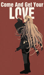  absurdres boots english_text female fingerless_gloves from_side full_body girls&#039;_frontline gloves gun hair_ornament heart highres kanoe_(kanoe502) long_hair long_sleeves md5_mismatch scarf solo sp9_(girls&#039;_frontline) standing stribog_sp9 submachine_gun very_long_hair weapon wide_sleeves x_hair_ornament 