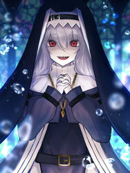  :d arknights belt black_belt black_capelet black_dress black_headwear capelet commentary dress female habit hair_between_eyes hands_up highres interlocked_fingers jewelry long_hair long_sleeves looking_at_viewer mayuchi427 necklace nun off-shoulder_dress off_shoulder open_mouth own_hands_clasped own_hands_together red_eyes sharp_teeth smile solo specter_(arknights) teeth upper_body upper_teeth_only water_drop white_hair 