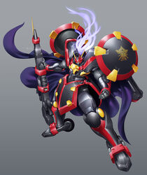  absurdres aussenseiter blue_hair cape english_commentary gio_tengco glowing glowing_eyes grey_background gun highres holding holding_gun holding_weapon long_hair mecha no_humans purple_cape robot science_fiction solo super_robot_wars super_robot_wars_original_generation weapon wheel yellow_eyes 