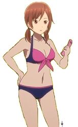  2019 :o armpits bare_legs bikini brown_hair cellphone cleavage female female hand_on_hip highres joshi_kousei_no_mudazukai kikuchi_akane legs long_hair looking_at_viewer low_twintails scan solo swimsuit tomboy vzmk2 white_background 