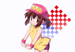  bakusou_kyoudai_let&#039;s_&amp;_go!! baseball_cap bike_shorts brown_eyes brown_hair female hat interlocked_fingers kaidou_zx own_hands_together pink_hat ponytail purple_shorts sagami_jun shirt short_hair short_shorts shorts sleeveless sleeveless_shirt smile solo wristband yellow_shirt 