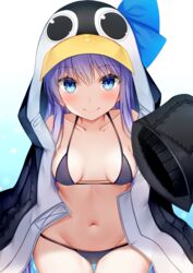  animal_hood aozora_nan bare_shoulders bikini bikini_under_clothes black_bikini black_jacket blue_background blue_bow blue_eyes bow breasts closed_mouth collarbone fate/grand_order fate_(series) female gradient_background groin hair_between_eyes highres hood jacket long_hair long_sleeves looking_at_viewer md5_mismatch medium_breasts meltryllis_(fate) meltryllis_(swimsuit_lancer)_(fate) meltryllis_(swimsuit_lancer)_(first_ascension)_(fate) navel open_clothes open_jacket penguin_hood puffy_long_sleeves puffy_sleeves purple_hair resolution_mismatch sitting sleeves_past_fingers sleeves_past_wrists smile solo source_larger swimsuit white_background 