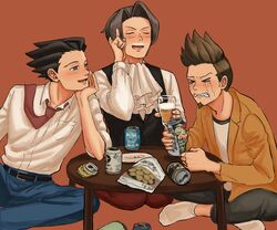  3boys alcohol ascot bad_id bad_pixiv_id beer beer_can black_hair brown_hair can crying drink_can drunk facial_hair foam_mustache gyakuten_saiban highres larry_butz male_focus miles_edgeworth multiple_boys naruhodou_ryuuichi necktie orange_background renshu_usodayo smile snack 