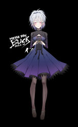  absurdres animal black_background black_pantyhose breasts chen_yan commentary_request copyright_name darker_than_black dated dress feline female full_body grey_hair hair_between_eyes highres holding holding_animal holding_cat looking_at_viewer mao_(darker_than_black) pantyhose pink_eyes purple_dress short_hair solo yin_(darker_than_black) 