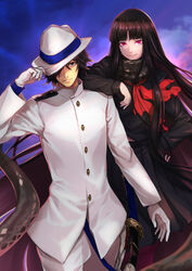  1boy adjusting_clothes adjusting_headwear black_hair black_sailor_collar black_scarf black_serafuku black_skirt commentary_request elbow_on_another&#039;s_shoulder fate/grand_order fate_(series) fedora female gloves grey_eyes hair_over_one_eye hat jacket katana long_hair long_skirt looking_at_viewer military military_uniform naval_uniform oryou_(fate) pants pantyhose purple_legwear re_(re_09) red_eyes sailor_collar sakamoto_ryouma_(fate) scabbard scarf school_uniform serafuku sheath skirt sword uniform very_long_hair weapon white_gloves white_headwear white_jacket white_pants 