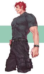  1boy alexandros_(fate) belt black_belt black_shirt blush commentary_request covered_abs cropped_legs fate_(series) iskandar_(fate) jeje_(pixiv12541114) korean_commentary large_pectorals long_sideburns looking_at_viewer lord_el-melloi_ii_case_files male_focus muscular muscular_male pectorals red_hair shirt short_hair sideburns smile solo watch wristwatch 