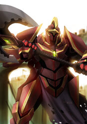  absurdres assault_visor axe english_commentary fantasy flag gio_tengco highres holding holding_axe looking_at_viewer mecha no_humans original pelvic_curtain robot solo sunlight 