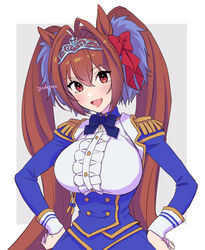  animal_ears artist_name bad_id bad_pixiv_id blue_bow blue_bowtie blue_dress bow bowtie breasts brown_hair center_frills cowboy_shot daiwa_scarlet_(umamusume) dress epaulettes female framed framed_breasts frilled_dress frills hair_intakes hair_ornament hairbow hands_on_own_hips highres horse_ears horse_girl juliet_sleeves large_breasts long_hair long_sleeves looking_at_viewer oerba_yun_fang open_mouth puffy_sleeves red_bow red_eyes simple_background skin_fang smile solo tiara twintails umamusume underbust very_long_hair yudepan_(yuri_no_sugata) 