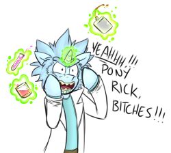  adult_swim bodily_fluids cartoon_network clothing coat deyogee equid equine hasbro horn horse lab_coat male mammal my_little_pony mythological_creature mythological_equine mythology open_mouth pony rick_and_morty rick_sanchez saliva simple_background solo topwear unicorn white_background 