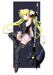  arm_up armband armpits ban_(777purin) bardiche_(nanoha) belt black_background black_gloves black_leotard blonde_hair blush boots border breasts closed_mouth dated fate_testarossa female from_side full_body gloves highres holding holding_staff leotard long_hair looking_at_viewer lyrical_nanoha mahou_shoujo_lyrical_nanoha miniskirt outside_border pink_skirt pleated_skirt red_armband red_eyes see-through_clothes see-through_skirt showgirl_skirt signature simple_background skirt small_breasts solo staff thigh_boots thighs twintails very_long_hair white_border zettai_ryouiki 