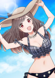  arms_up bikini black_bikini blue_sky blush breasts brown_hair cleavage cloud cowboy_shot day female flower flower_necklace frilled_bikini frills hands_on_headwear hat highres idolmaster idolmaster_shiny_colors large_breasts long_hair mogukichi_aka navel open_mouth outdoors red_eyes side-tie_bikini_bottom sky smile solo standing sun_hat swimsuit tsukioka_kogane 