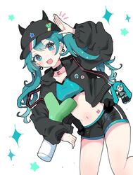  :d badge bandeau bare_legs baseball_cap black_choker black_hat black_jacket black_shorts blue_bandeau blue_eyes blue_hair blush breasts button_badge character_doll choker collarbone cowboy_shot dot_nose dutch_angle ear_piercing earrings female hand_up hat hatsune_miku highres hood hood_down hooded_jacket horns horns_through_headwear hugging_object jacket jewelry legs_apart long_sleeves looking_at_viewer minazuki_(minaduki_0318) navel notice_lines number_tattoo oerba_yun_fang open_hand open_mouth piercing short_shorts shorts simple_background skin_fang small_breasts smile solo sparkle star_(symbol) stomach stuffed_spring_onion stuffed_toy tattoo thighs twintails vocaloid white_background 