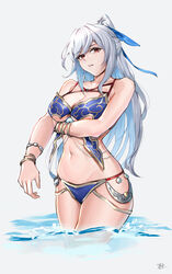  alternate_costume bare_shoulders bikini blue_bikini bracelet breasts female groin high_ponytail highres honkai:_star_rail honkai_(series) jewelry jingliu_(honkai:_star_rail) keisuke_desu~ long_hair looking_to_the_side medium_breasts navel parted_lips red_eyes ribbon signature simple_background solo string_bikini swimsuit water white_hair 