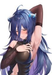  absurdres ahoge armpits blue_hair blue_nails blush breasts broken_horn brown_eyes clothing_cutout detached_sleeves female hair_between_eyes highres horns large_breasts leotard long_hair multicolored_horns nanaomi_(ryniix) navel_cutout oumiya_emma prism_project two-tone_horns virtual_youtuber 