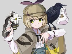  animal_on_shoulder animal_print bear_panties bear_print bird blonde_hair brown_capelet brown_hat capelet closed_mouth crow detective female flat_cap front-print_panties furby_hmt green_eyes grey_background gun handgun hat heaven_burns_red holding holding_gun holding_weapon irene_redmayne long_sleeves looking_at_viewer panties print_panties shirt short_hair solo underwear unworn_panties upper_body weapon white_panties white_shirt yellow_eyes 