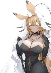  absurdres animal_ears arknights black_dress black_gloves blonde_hair breasts cleavage dorothy_(arknights) dorothy_(hand_of_destiny)_(arknights) dress elbow_gloves female gloves hair_between_eyes hanbok625 highres jewelry large_breasts long_hair low_ponytail mouse_ears mouse_girl necklace pearl_necklace simple_background skindentation smile veil very_long_hair white_background yellow_eyes 