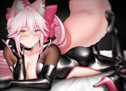  animal_ear_fluff animal_ears arind_yudha black_bodysuit blush bodysuit bow breasts choker cleavage fate/grand_order fate_(series) female fox_ears fox_girl fox_tail glasses hair_between_eyes hairbow highres hip_vent koyanskaya_(assassin)_(first_ascension)_(fate) koyanskaya_(fate) large_breasts long_hair looking_at_viewer lying on_stomach pink_bow pink_hair ponytail sidelocks solo tail tamamo_(fate) yellow_eyes 