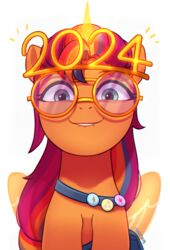  2023 absurd_res alicorn badge bag_accessory bite biting_lip blue_eyes blush equid equine ethereal_horn ethereal_wings eyewear female feral front_view fur glasses hasbro hi_res horn looking_at_viewer mammal marenlicious mlp_g5 my_little_pony mythological_creature mythological_equine mythology new_year_2024 orange_body orange_fur shoulder_bag simple_background smile solo sunny_starscout_(mlp) white_background wings 