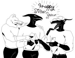  1-bit 2024 absurd_res anthro avian beak black_and_white black_body canid canine clothing digital_media_(artwork) fox group happy_new_year_2024 hi_res mammal mertvykhcrows monochrome oliver_(mertvykhcrows) open_mouth pixel_(artwork) trio 