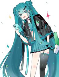  :d arm_behind_back bandeau black_choker black_jacket black_thighhighs blue_bandeau blue_hair blue_skirt blush bracelet cellphone choker collared_jacket dot_nose earbuds earphones feet_out_of_frame female food-themed_hair_ornament garter_straps hair_between_eyes hair_ornament hairclip hatsune_miku highres holding holding_phone jacket jewelry leaning_to_the_side long_hair long_sleeves looking_at_viewer minazuki_(minaduki_0318) miniskirt navel number_tattoo open_mouth phone pleated_skirt puffy_long_sleeves puffy_sleeves sidelocks simple_background single_thighhigh skirt sleeve_cuffs smartphone smile solo sparkle spring_onion_hair_ornament stomach tattoo thighhighs twintails very_long_hair vocaloid white_background x_hair_ornament 