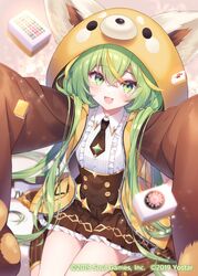  2019 :d animal_ears animal_hood commentary_request copyright_name dated eyelashes fake_animal_ears female green_eyes green_hair happy hood kusumoto_shizuru looking_at_viewer mahjong mahjong_soul mahjong_tile necktie open_mouth red_panda_ears red_panda_girl smile solo yostar yuzu_(mahjong_soul) 