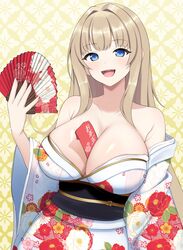  bare_shoulders between_breasts blonde_hair blue_eyes breasts collarbone commentary dolphin_wave female floral_print floral_print_kimono hair_intakes hand_fan hand_up highres holding holding_fan japanese_clothes kimono kirahoshi_kanna large_breasts long_hair long_sleeves looking_at_viewer obi open_mouth paid_reward_available sash smile solo surippa1010 teeth upper_teeth_only white_kimono wide_sleeves yellow_background 