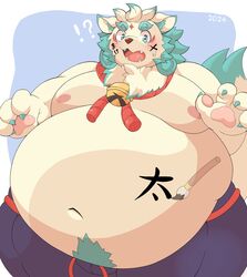  0907_kapi 2024 absurd_res agyo_(tas) anthro asian_mythology belly big_belly blush bottomwear brush clothing east_asian_mythology exclamation_point foo_dog hi_res japanese_mythology kemono komainu lifewonders male mammal moobs mythology navel nipples obese obese_male overweight overweight_male paintbrush pants question_mark simple_background solo surprise tokyo_afterschool_summoners yokai 