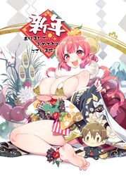  :d absurdres aida_taketo bare_shoulders barefoot bikini black_kimono blunt_bangs blush bow breasts character_doll chinese_zodiac dice dragon_girl dragon_horns dragon_tail feet female flower food food_on_head fruit fur_collar gold_bikini gradient_hair happy_new_year highres horns huge_breasts ilulu_(maidragon) japanese_clothes kimono kobayashi-san_chi_no_maidragon kunikune long_hair long_sleeves looking_at_viewer multicolored_hair object_on_head open_mouth pink_hair pointy_ears print_kimono red_flower sharp_teeth sitting slit_pupils smile soles solo string_bikini swimsuit tail teeth thighs underboob very_long_hair white_bow wide_sleeves year_of_the_dragon 