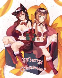  2girls absurdres alternate_costume animal_ear_fluff animal_ears bag bare_shoulders boots bow bowtie breasts breasts_apart brooch brown_hair chest_tattoo christmas christmas_present closed_mouth commentary confetti crossover detached_collar dungeon_toaster elbow_gloves english_commentary fangs fur-trimmed_gloves fur-trimmed_skirt fur-trimmed_tube_top fur_boots fur_collar fur_trim gift gloves hair_between_eyes hair_tubes hat highres holding holding_bag holding_gift imaizumi_kagerou incoming_gift jewelry knee_boots large_breasts light_smile long_hair looking_at_viewer medium_breasts merry_christmas midriff multiple_girls navel neck_ribbon open_mouth pom_pom_(clothes) raccoon_ears raccoon_girl raccoon_tail raphtalia red_bag red_bow red_bowtie red_brooch red_eyes red_footwear red_gloves red_ribbon red_skirt red_tube_top ribbon santa_boots santa_costume santa_hat sidelocks sitting skirt slave_brand smile strapless tail tate_no_yuusha_no_nariagari tattoo touhou tube_top white_background wolf_ears wolf_girl wolf_tail yellow_bow 