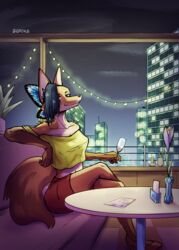  absurd_res alcohol anthro bar bedroom_eyes beverage black_hair cactus canid canine champagne city city_background cityscape clothed clothing container crossed_legs cup date detailed_background dinner dinner_table drinking_glass ermelyn_(system_exception) evening evening_dress female flower fluffy fluffy_tail footwear glass glass_container glass_cup hair hi_res high_heels looking_at_viewer mammal maned_wolf midriff narrowed_eyes navel plant rooftop rooftop_bar seductive sidpoke sitting sitting_at_table smile smiling_at_viewer solo tail window wine_glass 