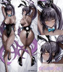  animal_ears ass ass_focus bed_sheet black_hair black_leotard blue_archive blush bow breasts dakimakura_(medium) dark-skinned_female dark_skin fake_animal_ears female fishnet_pantyhose fishnets from_behind full_body gloves halo hiroki_(hirokiart) karin_(blue_archive) karin_(bunny)_(blue_archive) large_breasts leotard long_hair looking_at_viewer looking_back lying multiple_views official_alternate_costume on_back pantyhose playboy_bunny rabbit_ears sample_watermark strapless strapless_leotard watermark white_gloves yellow_eyes 