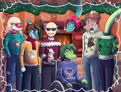  5_fingers absurd_res amber_(snoot_game) anthro bald baryonyx benjamin_mcknight blonde_hair blue_body blue_eyes blue_scales bottomwear brachiosaurid brachiosaurus breasts brown_hair cavemanon_studios christmas christmas_clothing christmas_decorations christmas_stocking christmas_sweater christmas_topwear clothing colored damien_payne denim denim_bottomwear denim_clothing dilophosaurid dilophosaurus dinosaur extinct eyewear female fingers frill_(anatomy) frown glasses goodbye_volcano_high green_body green_hair green_scales grey_eyes grin group hadrosaurid hair hand_in_pocket hi_res holidays human hybrid i_wani_hug_that_gator inco_(iwhtg) jeans liz_farlane long_tail looking_at_viewer male mammal membrane_(anatomy) membranous_frill mia_(iwhtg) mia_moretti olivia_halford ornithischian ornithopod pants parasaurolophus pink_body pink_scales pockets prehistoric_species pupils purple_eyes red_hair reptile ripley_(snoot_game) rsbr sauropod sauropodomorph scales scalie sitting slit_pupils smile snoot_game snout spiked_tail spikes spikes_(anatomy) spinosaurid spinosaurus sunglasses sweater tail theropod topwear torn_bottomwear torn_clothing torn_jeans torn_pants trish_(gvh) vehicle wheelchair yellow_sclera 