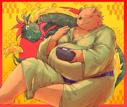  2024 anthro asian_clothing bari_mu bear belly big_belly brown_body brown_fur clothing dragon duo east_asian_clothing eating feral food fur green_body hi_res humanoid_hands japanese_clothing kemono male mammal mythological_creature mythological_scalie mythology one_eye_closed overweight overweight_male scalie sitting tail wink 