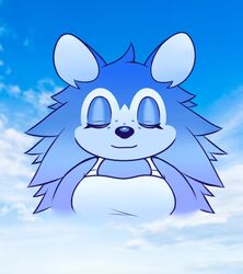  2024 animal_crossing anthro apron blissful blue_and_white blue_body breasts bust_portrait closed_eyes clothing cloud digital_drawing_(artwork) digital_media_(artwork) eulipotyphlan female freckles guywiththepie hedgehog mammal meme monochrome nintendo portrait sable_able smile solo 