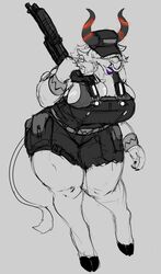  anthro big_breasts bovid breasts clothing demon desdemona_(fortnite) desdemoona doctordj ear_tag facial_piercing female gun hair hair_over_eyes hat headgear headwear hooves horn lipstick makeup mammal nose_piercing nose_ring overalls piercing purple_lipstick ranged_weapon ring_piercing shotgun solo thick_thighs weapon 