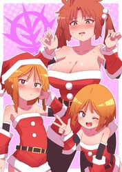  3girls absurdres breasts brown_hair christmas cleavage elpeo_puru gundam gundam_unicorn gundam_zz highres large_breasts marida_cruz multiple_girls onimaru_(onimal7802) open_mouth orange_hair puru_two santa_costume short_hair siblings sisters small_breasts twins 